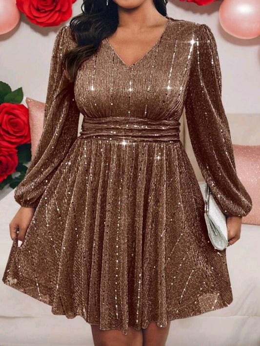 #7555 Elegant Sequin Lantern Sleeve Dress