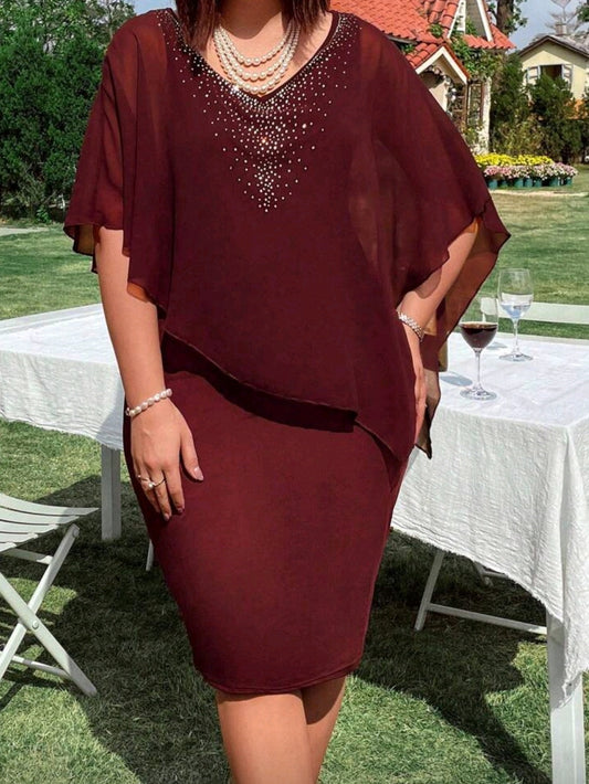 #0037 V-Neck Rhinestone Accent Knit & Chiffon Splicing Dress