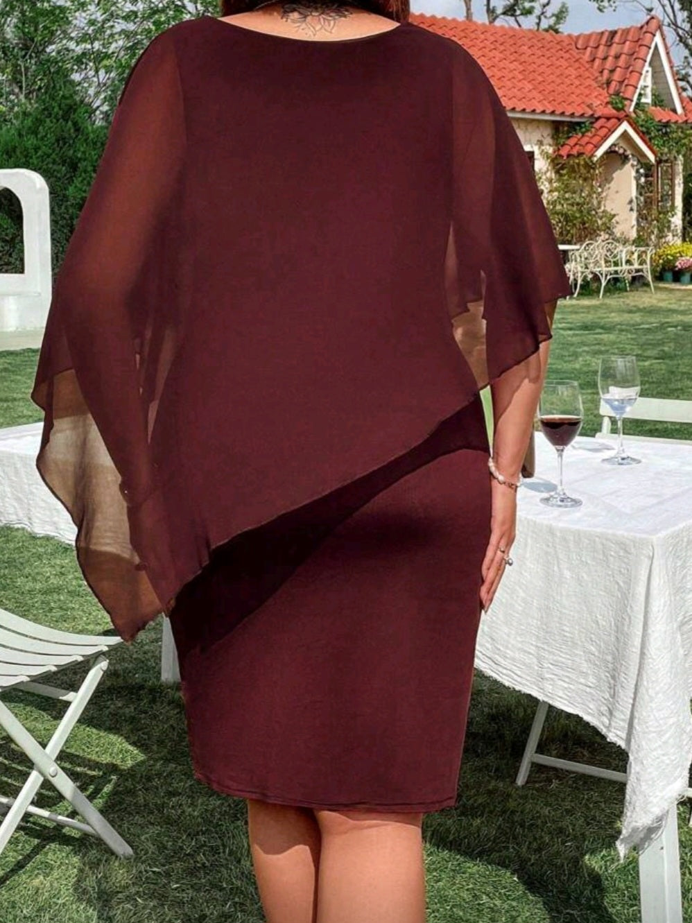 #0037 V-Neck Rhinestone Accent Knit & Chiffon Splicing Dress