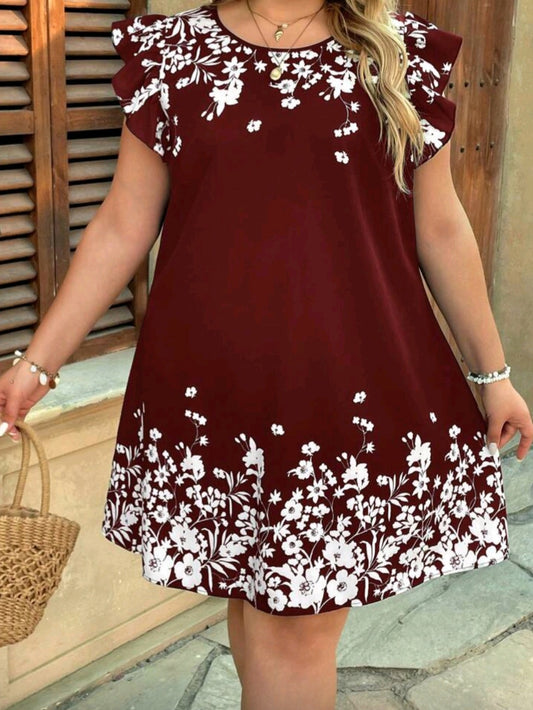 #4094 Floral Print Ruffle Trim Dress