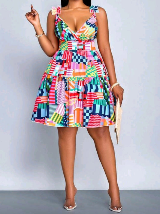 #2230 Holiday Print Loose Back Hollow Strap Ruffle Dress