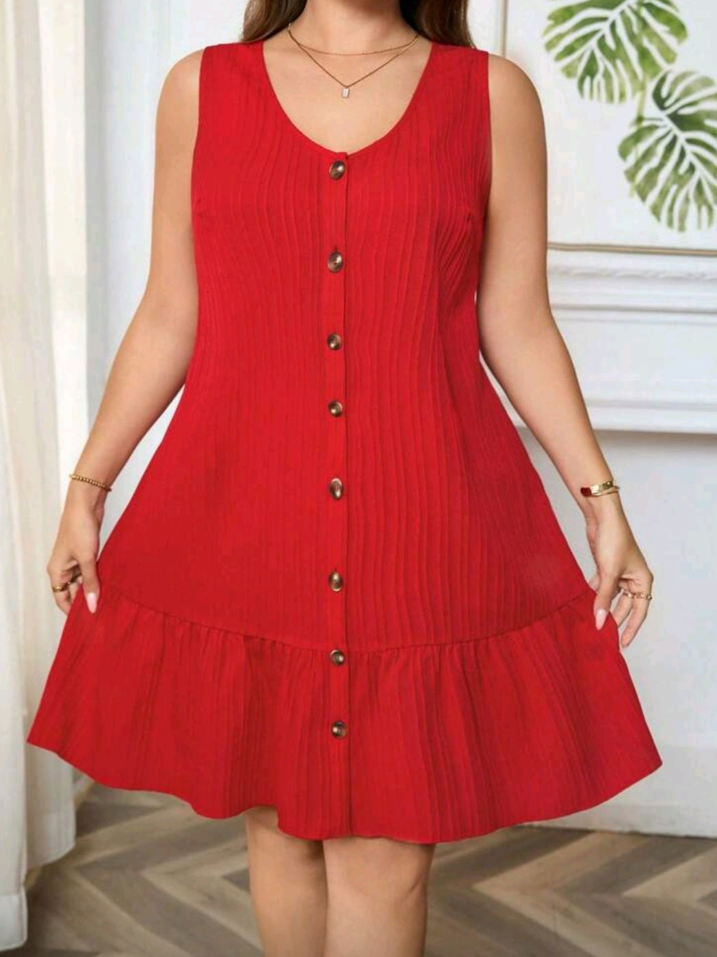 #1443 Sleeveless Solid Color Ruffle Hem Dress