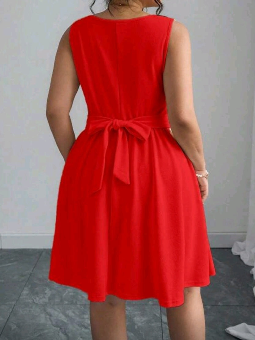 #2922 Elegant Heart Neck Tie Bow Ruffled Hem Sleeveless Dress