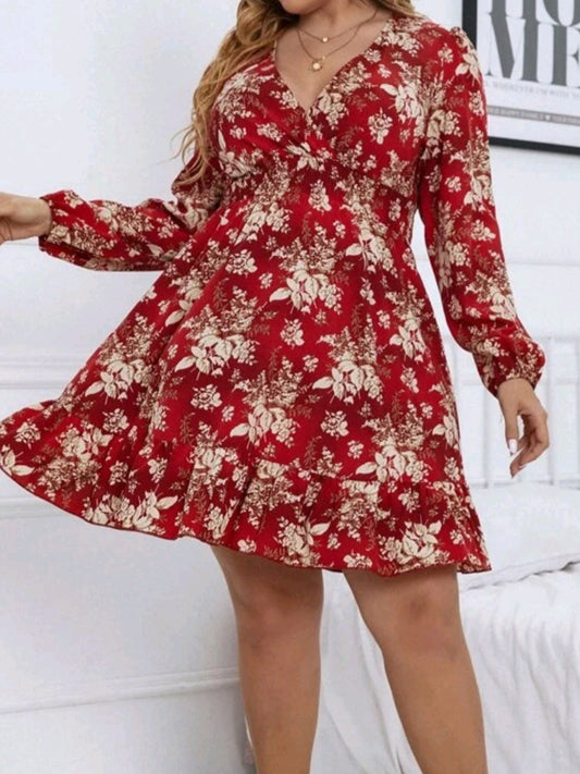 #5159 Floral Print Lantern Sleeve Shirred Waist Dress