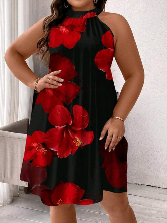 #7717 Tropical Floral Print Halter Neck Dress