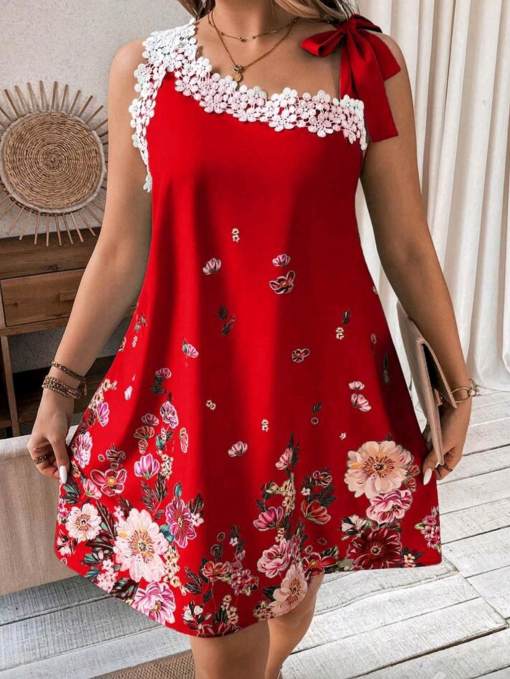 #0075Asymmetrical Neckline Floral Printed Dress
