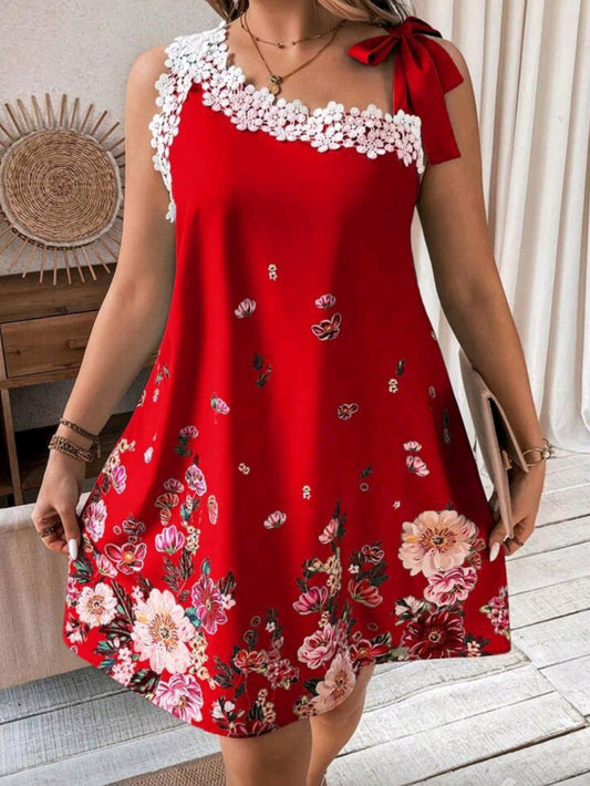 #0075Asymmetrical Neckline Floral Printed Dress