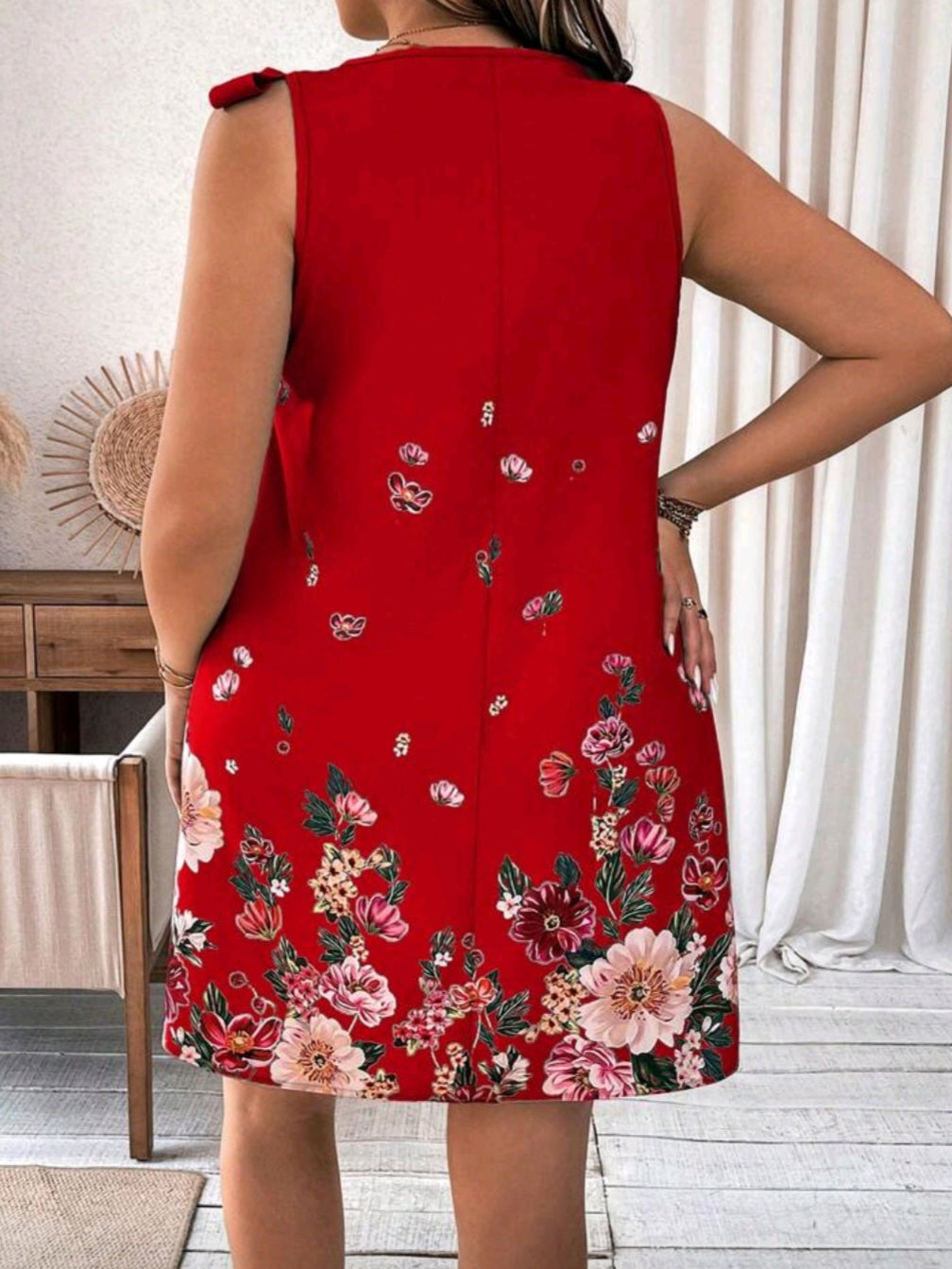 #0075Asymmetrical Neckline Floral Printed Dress