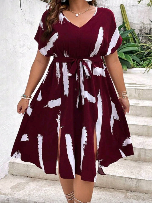 #2213 Batwing Sleeve Split Thigh Belted Dress