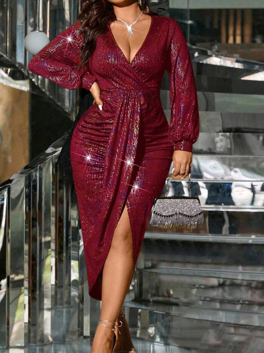 #1919 Deep V Neck Minimalist Long Sleeve Elegant Dress