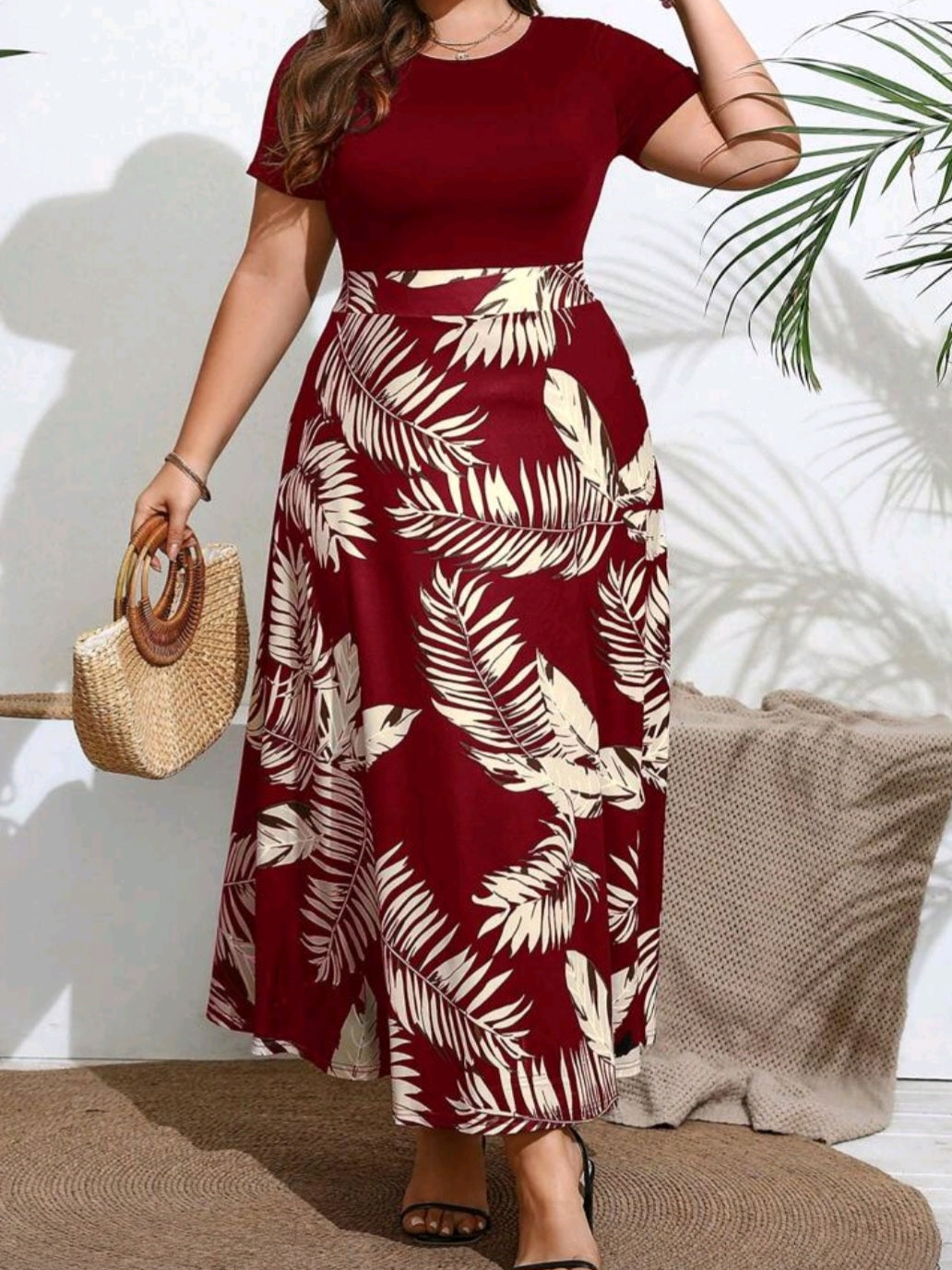 #2553 Round Neck Short Sleeve Plant Print Long Dress