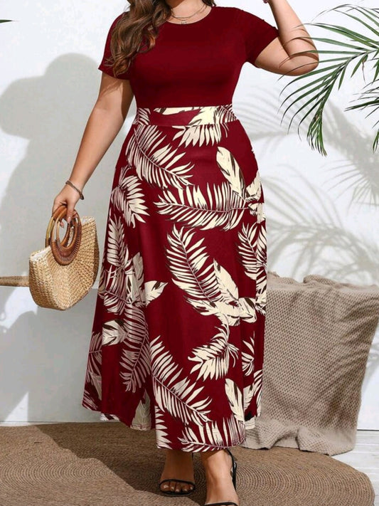 #2553 Round Neck Short Sleeve Plant Print Long Dress