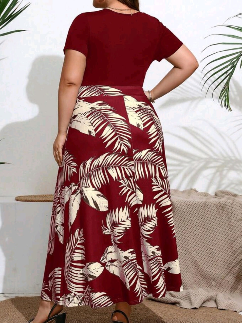 #2553 Round Neck Short Sleeve Plant Print Long Dress