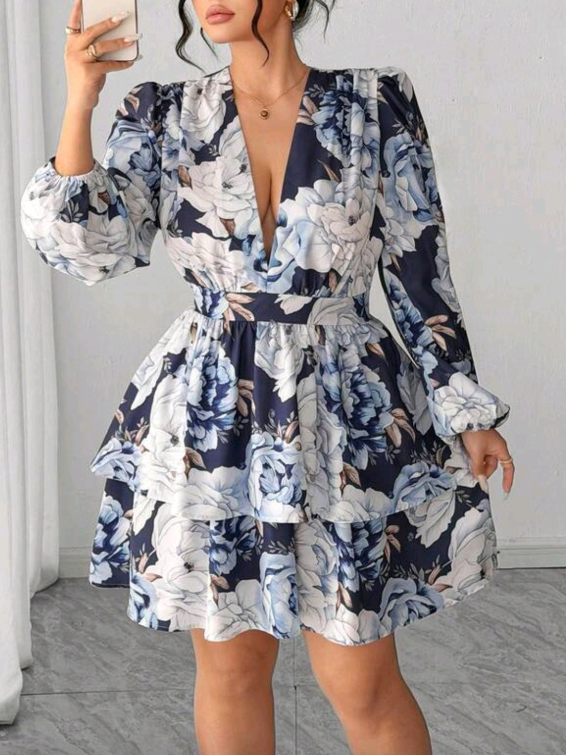 5113 Floral V-Neck Petal Sleeve Double Ruffle Hem Dress