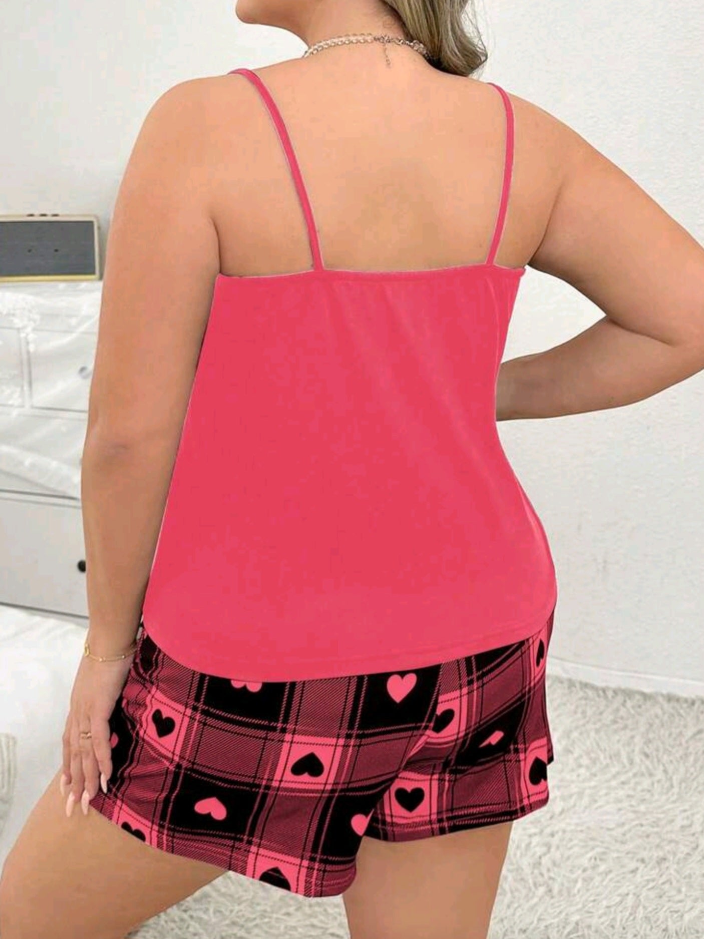 2639 Heart Plaid Print Camisole & Shorts Pajama Set