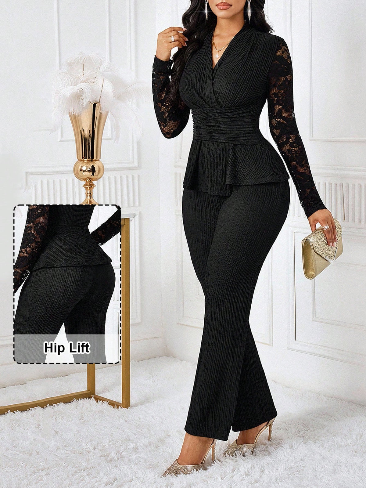 8381/ 2452 V-Neck Lace Long Sleeve Top And Pants
