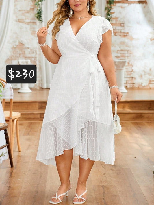 #8401 V Neck White Wrap Dress
