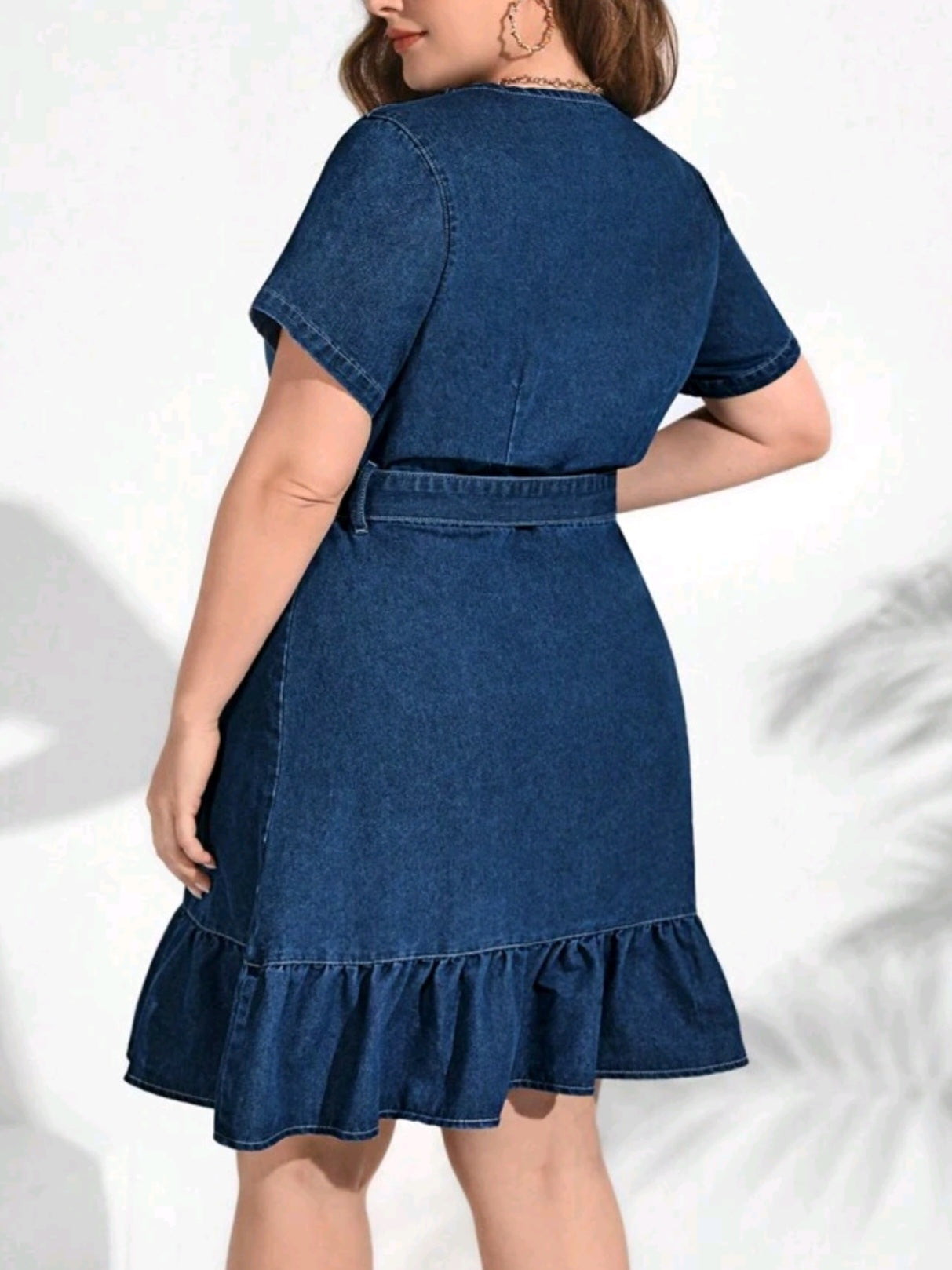4897 Ruffle Hem Belted Denim Dress