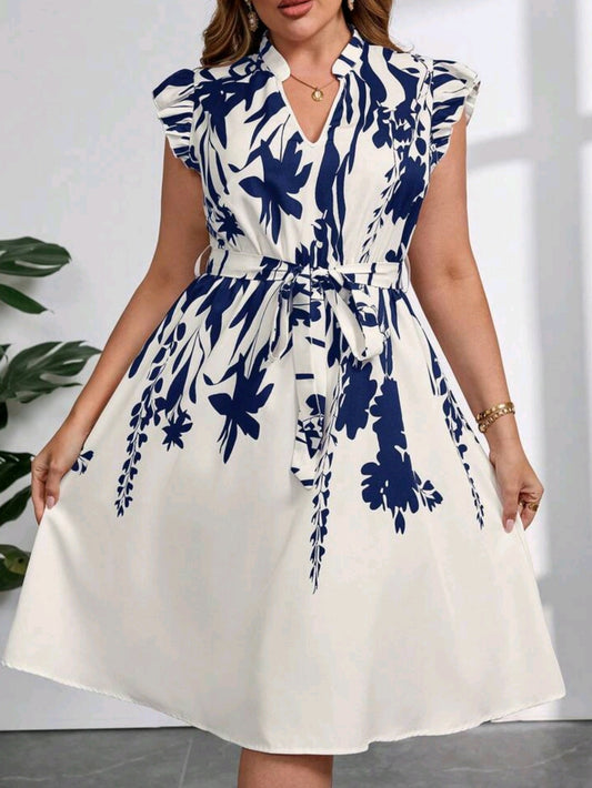 8433 Graphic Print Keyhole Neck Ruffle Trim Dress