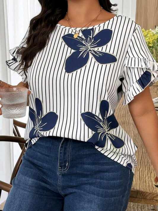 4887 Puff Sleeve Striped Floral Blouse