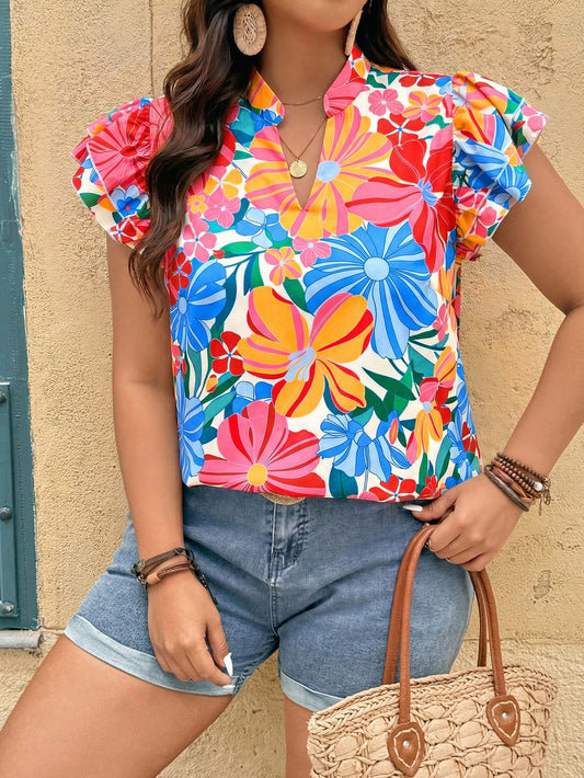 7836 V-Neck Ruffle Sleeve Blouse