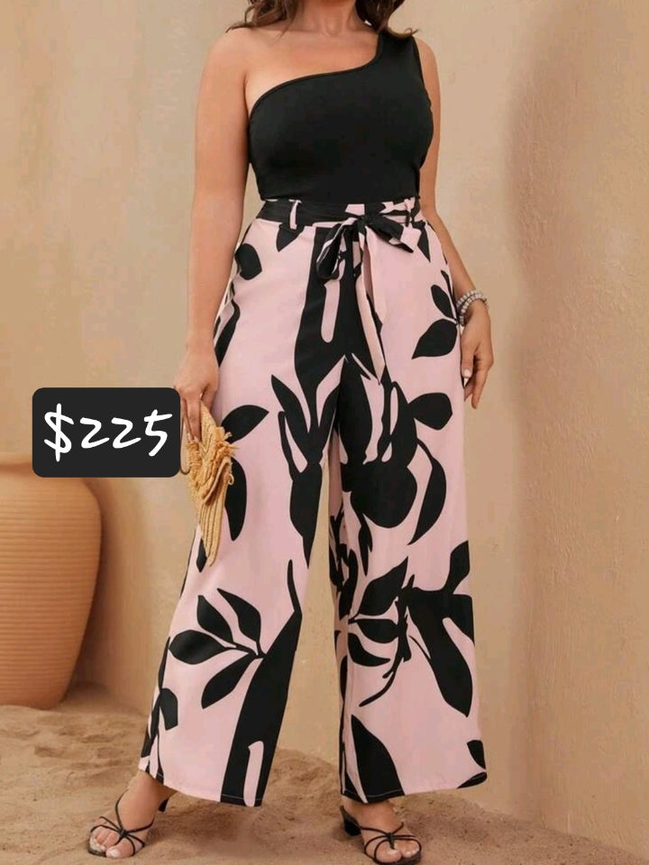 #5631 2 piece One Shoulder Top & Floral Print Belted Wide Leg Pants
