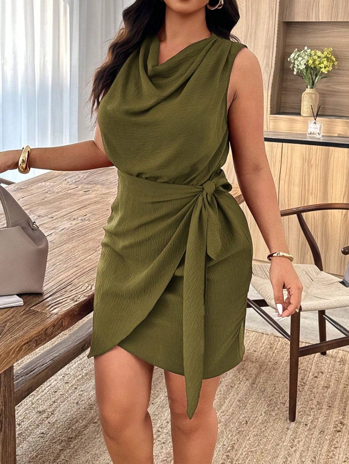 7327 Solid Color Draped Neck Twist Waist Sleeveless Dress