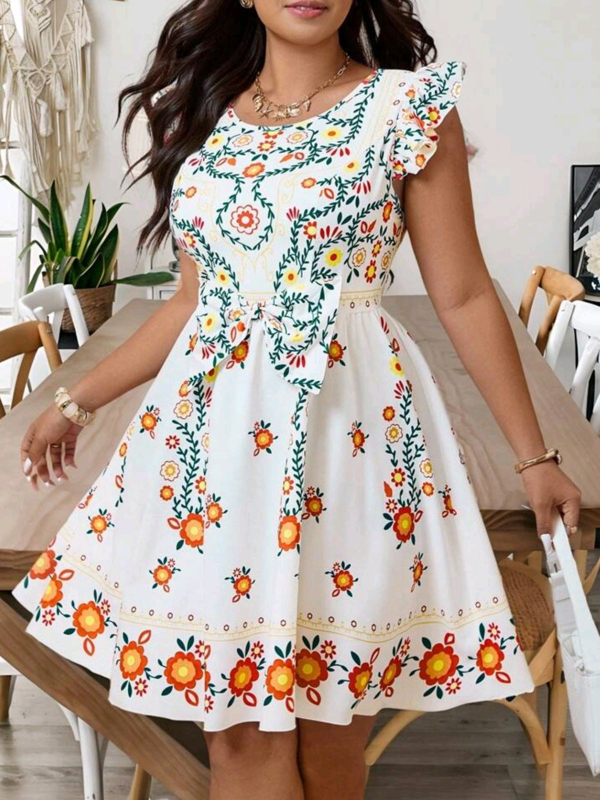 5855 Round Neck Tropical Print Cap Sleeve Dress with Front Bow
