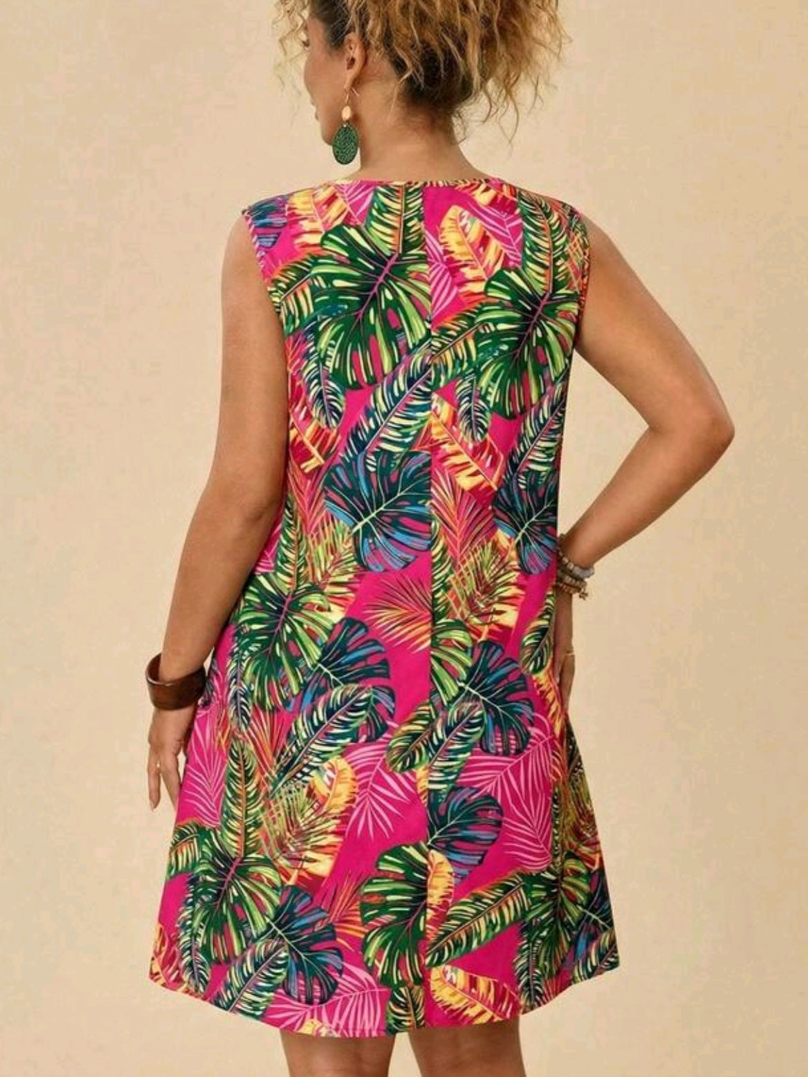 8907 Casual Turtle Leaf Print Sleeveless Dress