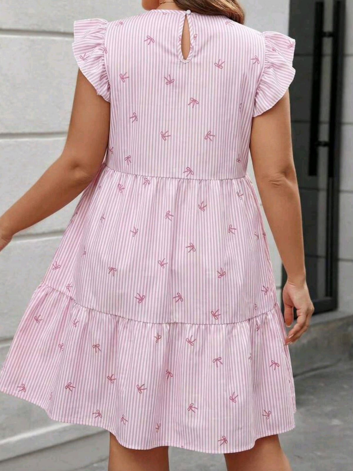 8467 Bow Pattern Round Neck Short Flutter Sleeve Dress