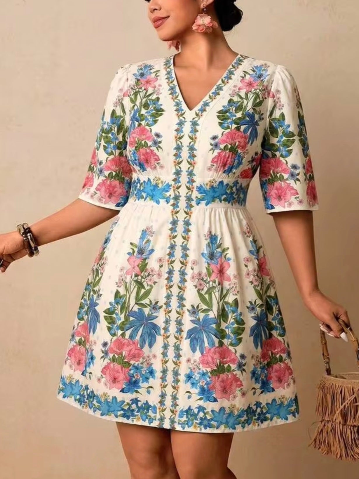 3658 V-Neck Short Sleeve Waist Cinched Dress