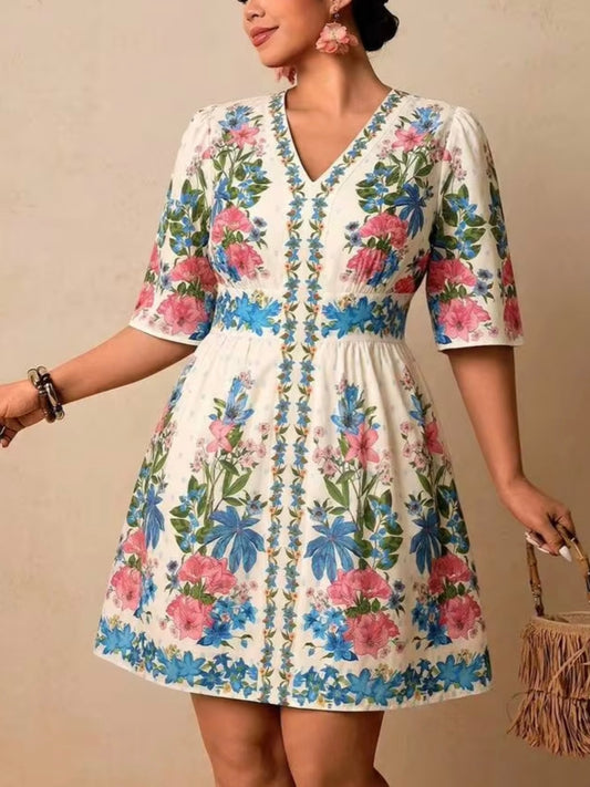 3658 V-Neck Short Sleeve Waist Cinched Dress