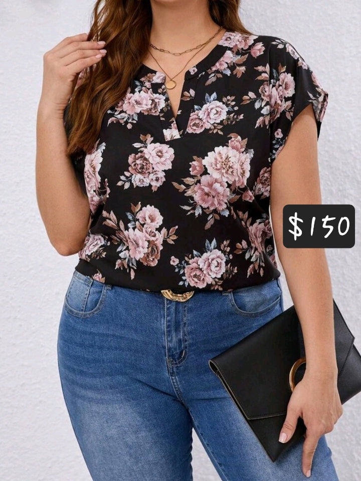 #1934 Floral All-Over Print Notch Collar Blouse