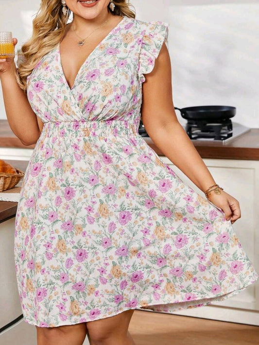 S #6156 Floral Print Cross V-Neck Ruffle Hem Dress
