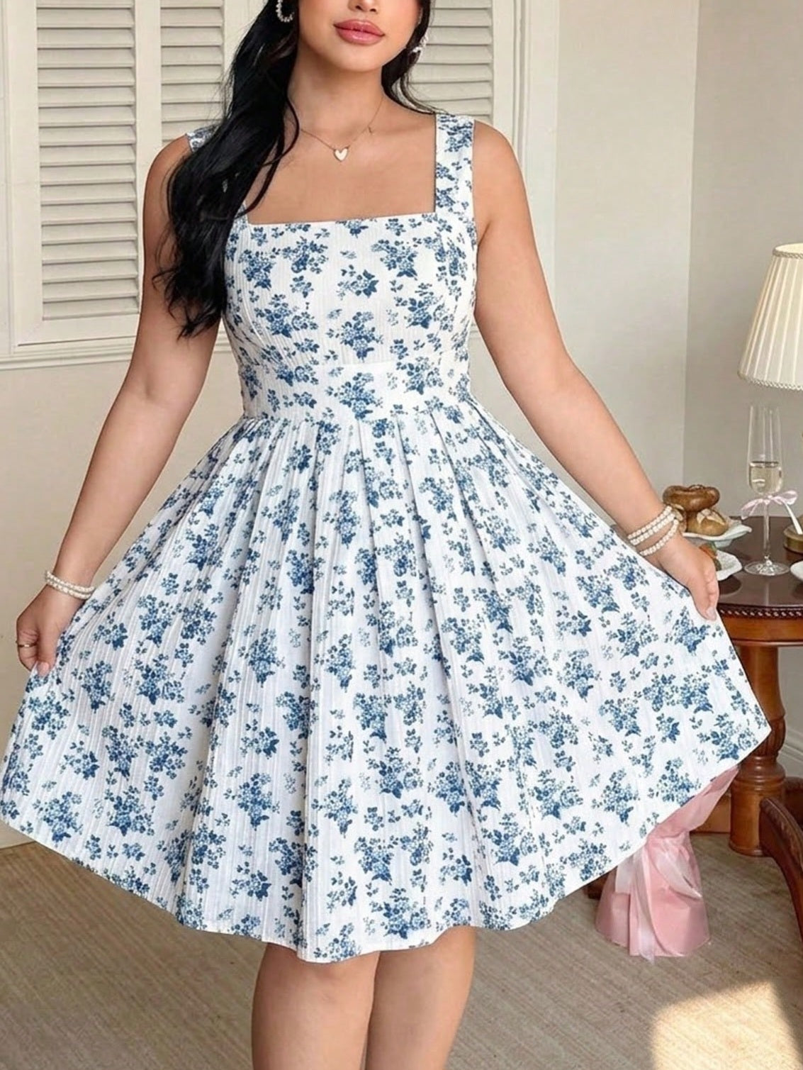 8161 Square Neck Sleeveless Wide Strap Dress