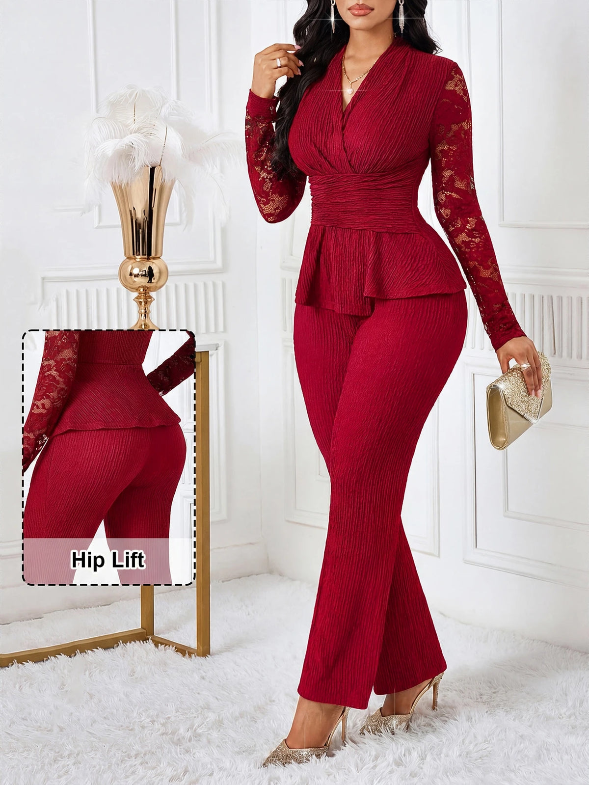 2028V Neck Lace Long Sleeve and Top