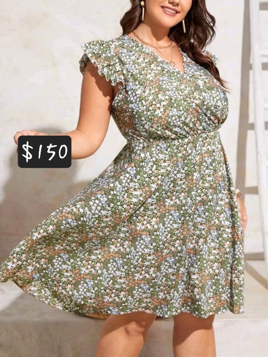 #2866 Ditsy Floral Ruffle Sleeve Dress