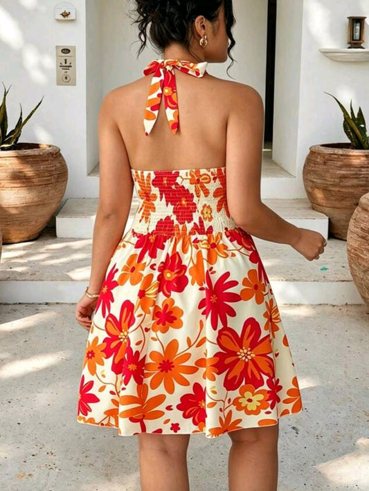 2003 Floral V-Neck Halter Back Dress