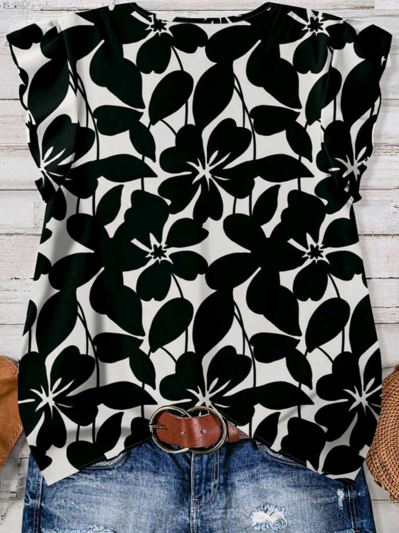 #8902 Floral Print Button Front Ruffle Sleeve Top