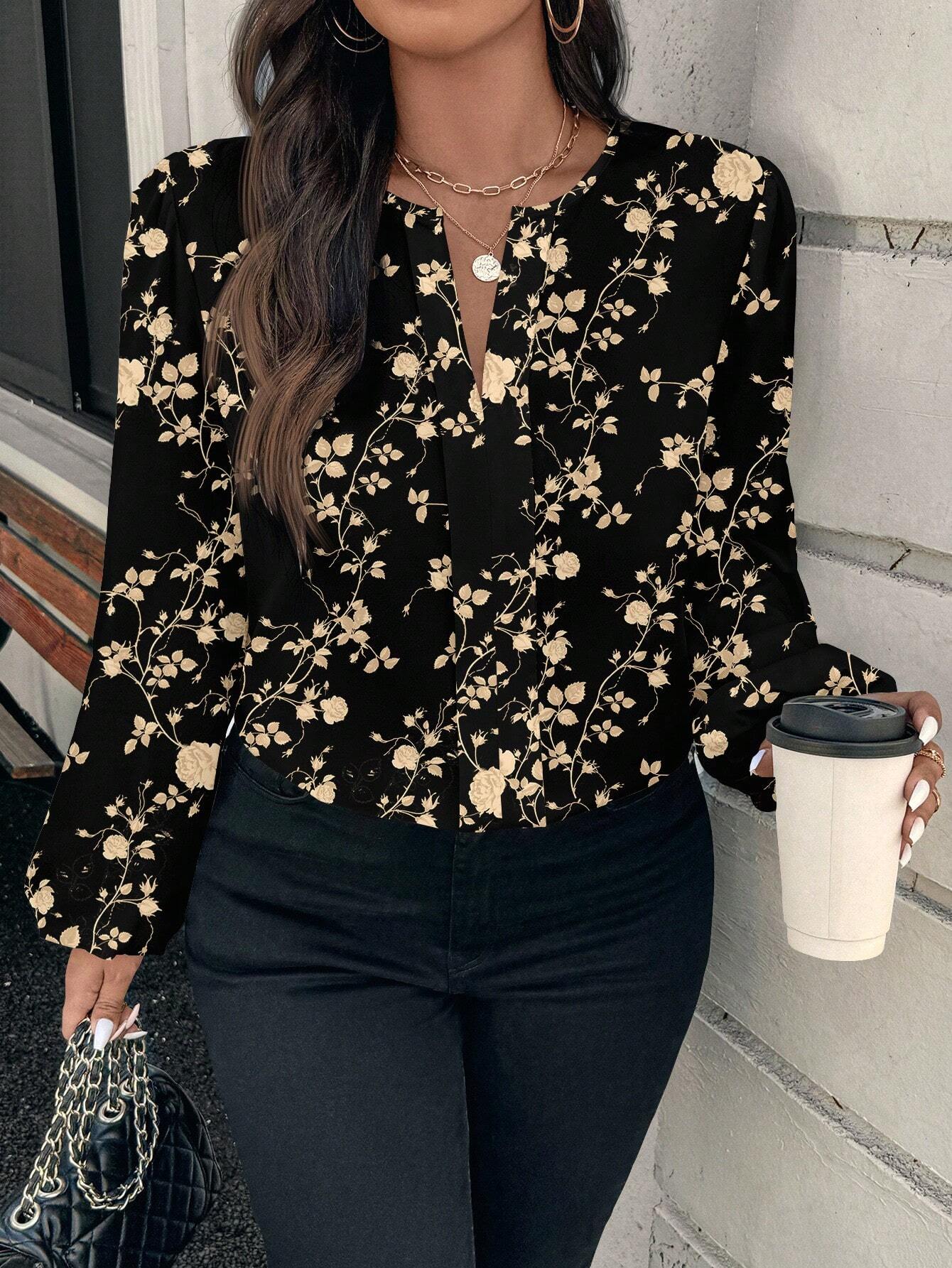 #1653 Floral Print Round Neck Long Sleeve Blouse