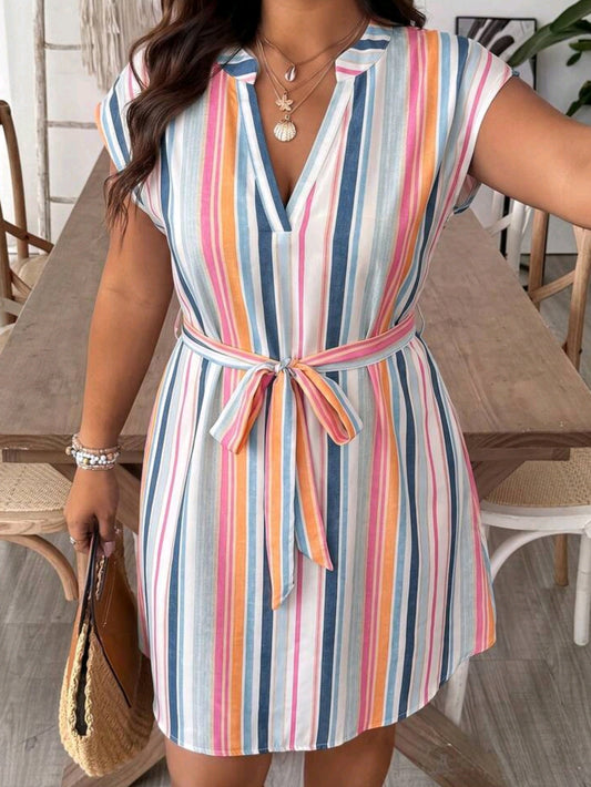 0673 Batwing Short Sleeve Shirt Dress With Waist Tie