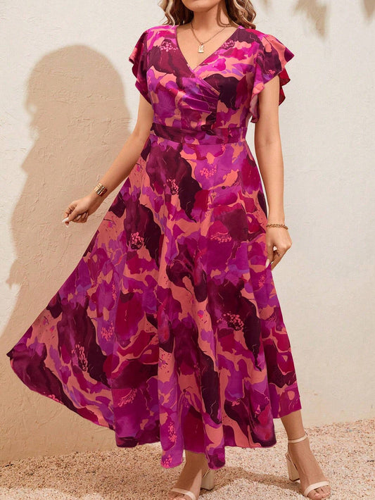 #9331 V-Neck Ruffle Sleeve Printed Dress