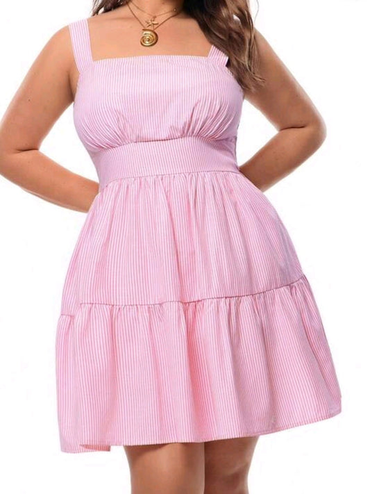 0615 Striped Print Ruffle Hem Casual Sleeveless Dress