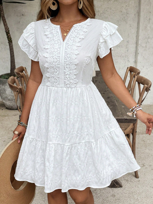 6999 Tiered Ruffle Sleeve Lace Trim Dress