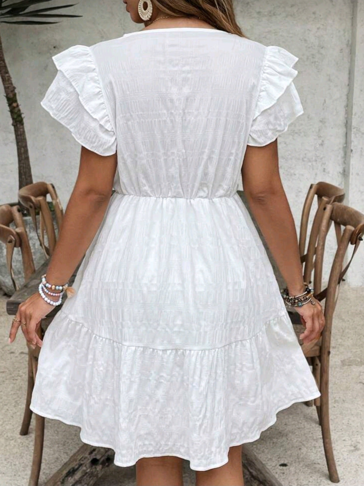 6999 Tiered Ruffle Sleeve Lace Trim Dress