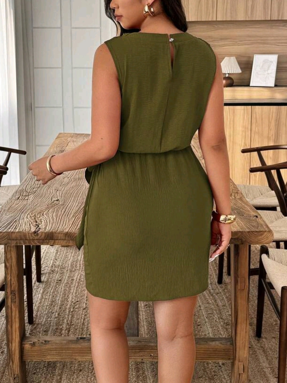 7327 Solid Color Draped Neck Twist Waist Sleeveless Dress