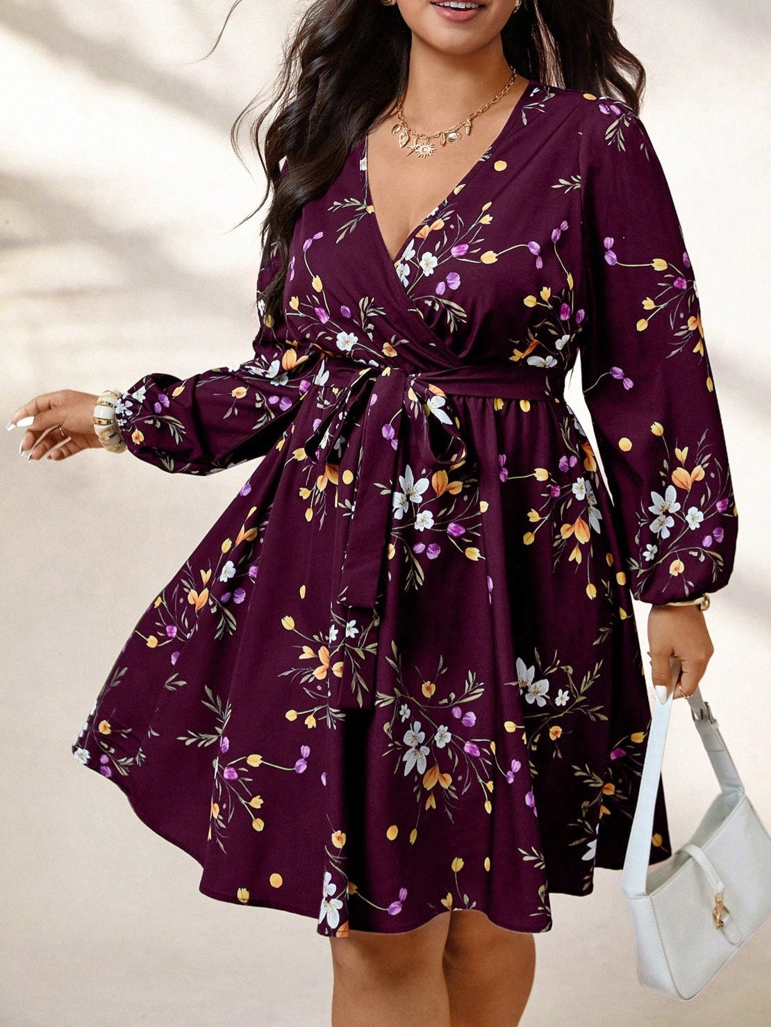 4463 V-Neck Long Sleeve Waist Tie Bow Floral Print Pleated A-Line Dress