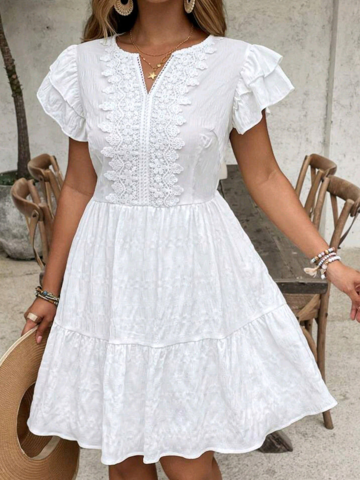 6999 Tiered Ruffle Sleeve Lace Trim Dress