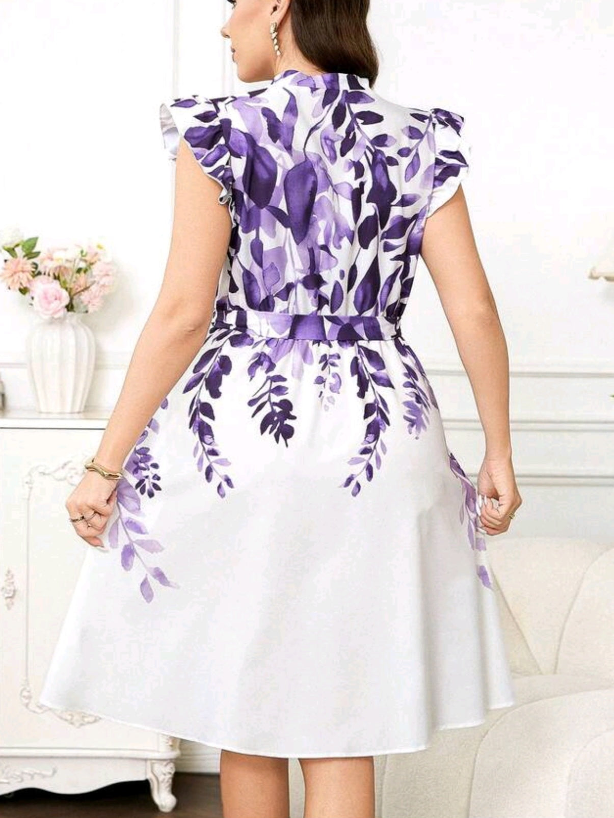 6955 Graphic Print Notched Neck Ruffle Trim Belted Dress