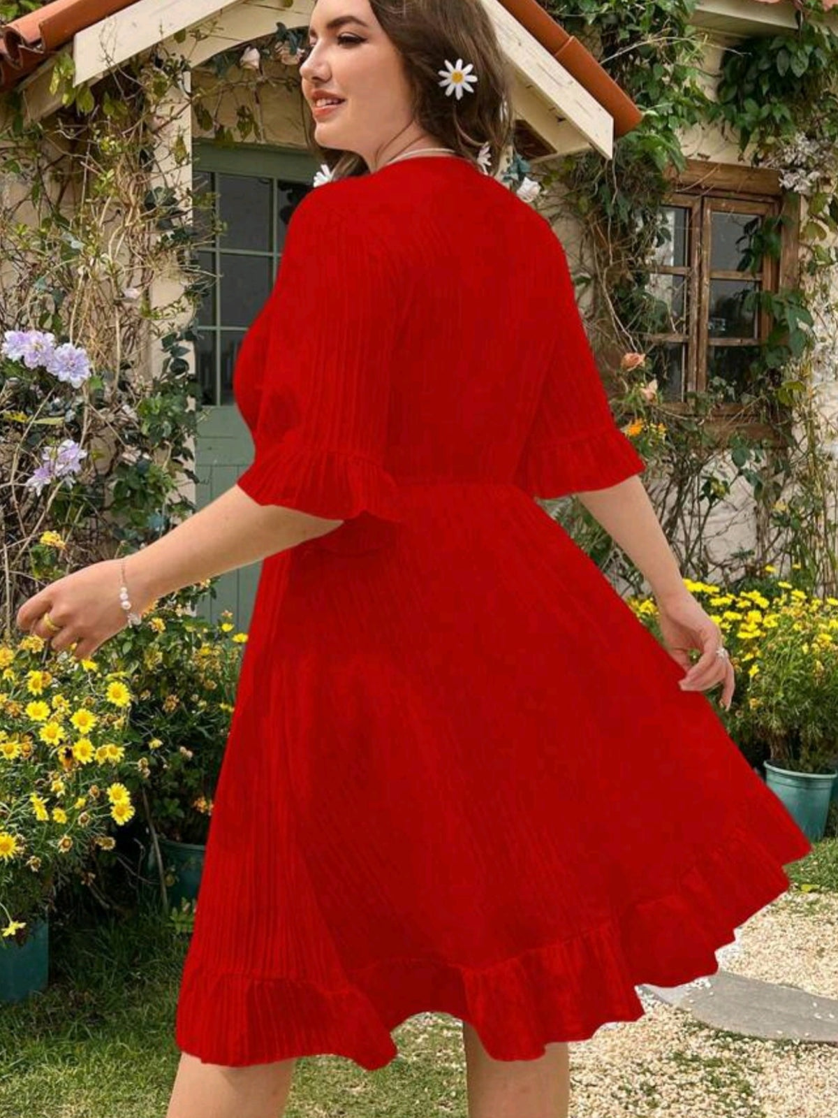 0027 V-Neck Dress With Ruffle Hem